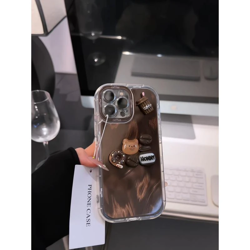 咖色晕染熊适用苹果16promax泡芙手机壳iPhone15羽纱华为60女小米