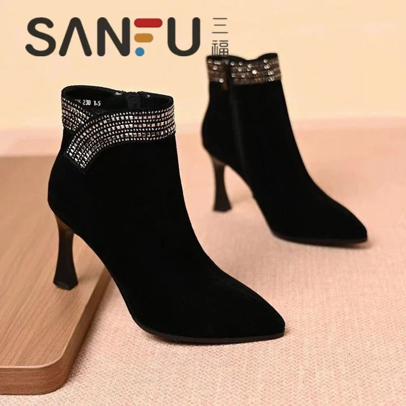 三福尖头细跟侧拉链短靴2025秋冬新款气质水钻单靴加绒百搭马丁靴