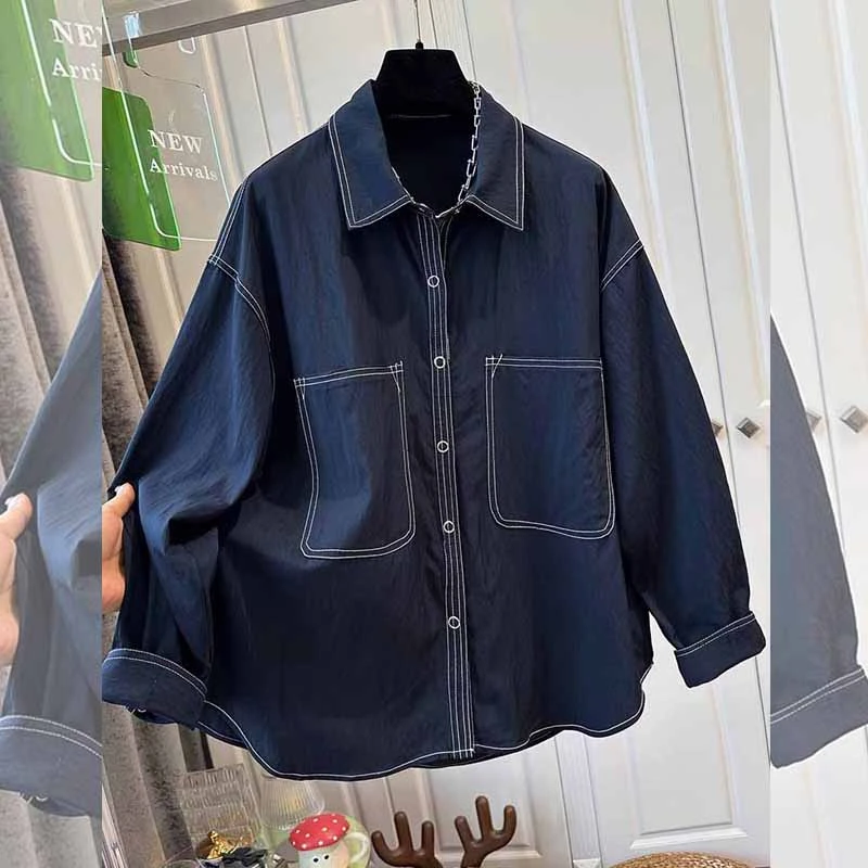 春秋季新品翻领显瘦明线装饰设计感长袖衬衫女大码上衣叠穿宽松