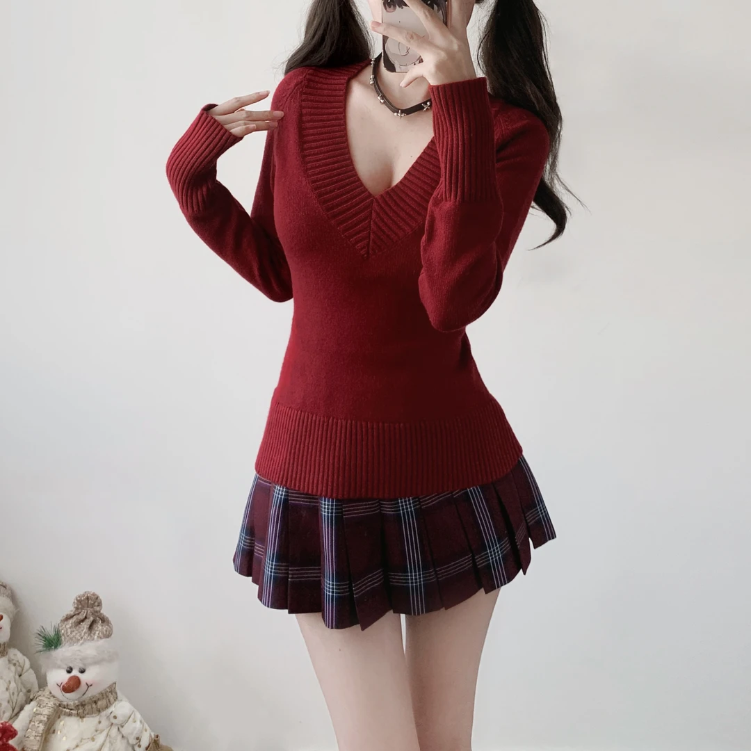 刺小兔原创jk收腰套头毛衣女韩系性感纯欲辣妹显瘦V领针织衫秋冬