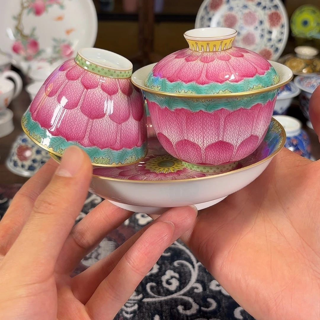 粉彩莲花杯子盖碗壶承