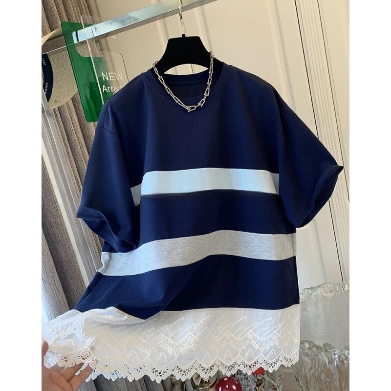 独特超好看撞色条纹蕾丝假两件短袖T恤宽松时尚上衣女2025夏新款