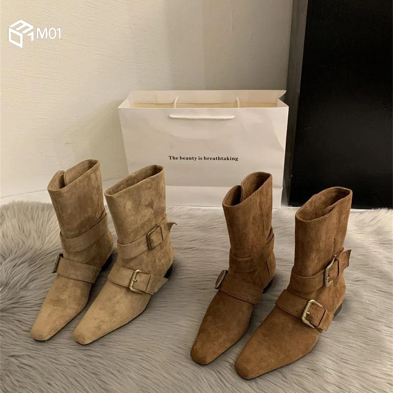 M012025秋季韩版新款小众设计复古法式小方头西部靴中筒靴女靴子