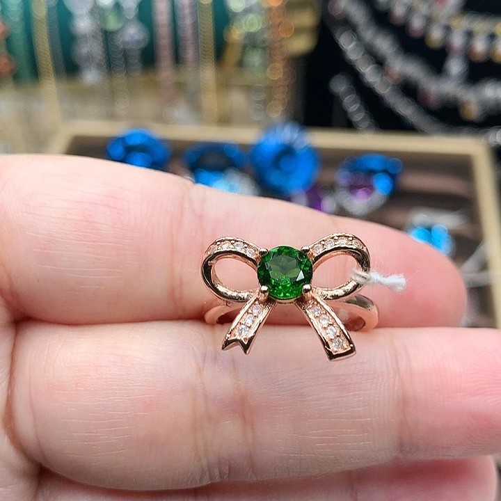 透辉石银S925镀金镶嵌戒指