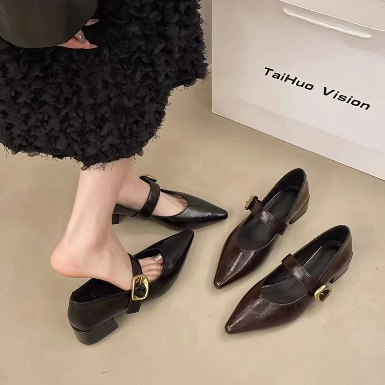 2025春季新款玛丽珍女鞋平底尖头法式粗跟时尚百搭气质复古单鞋女