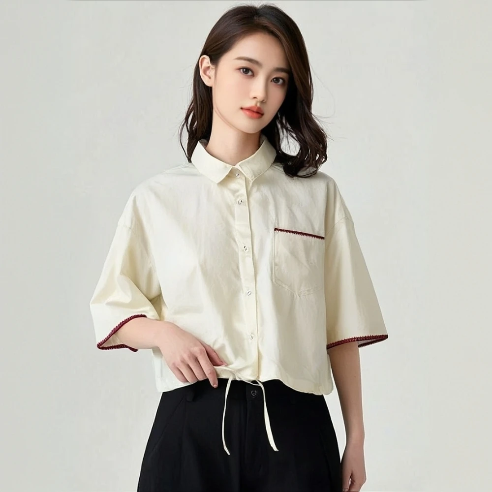 单排扣夏季纯色翻领短款短袖衬衫百搭条纹日奢风25073040