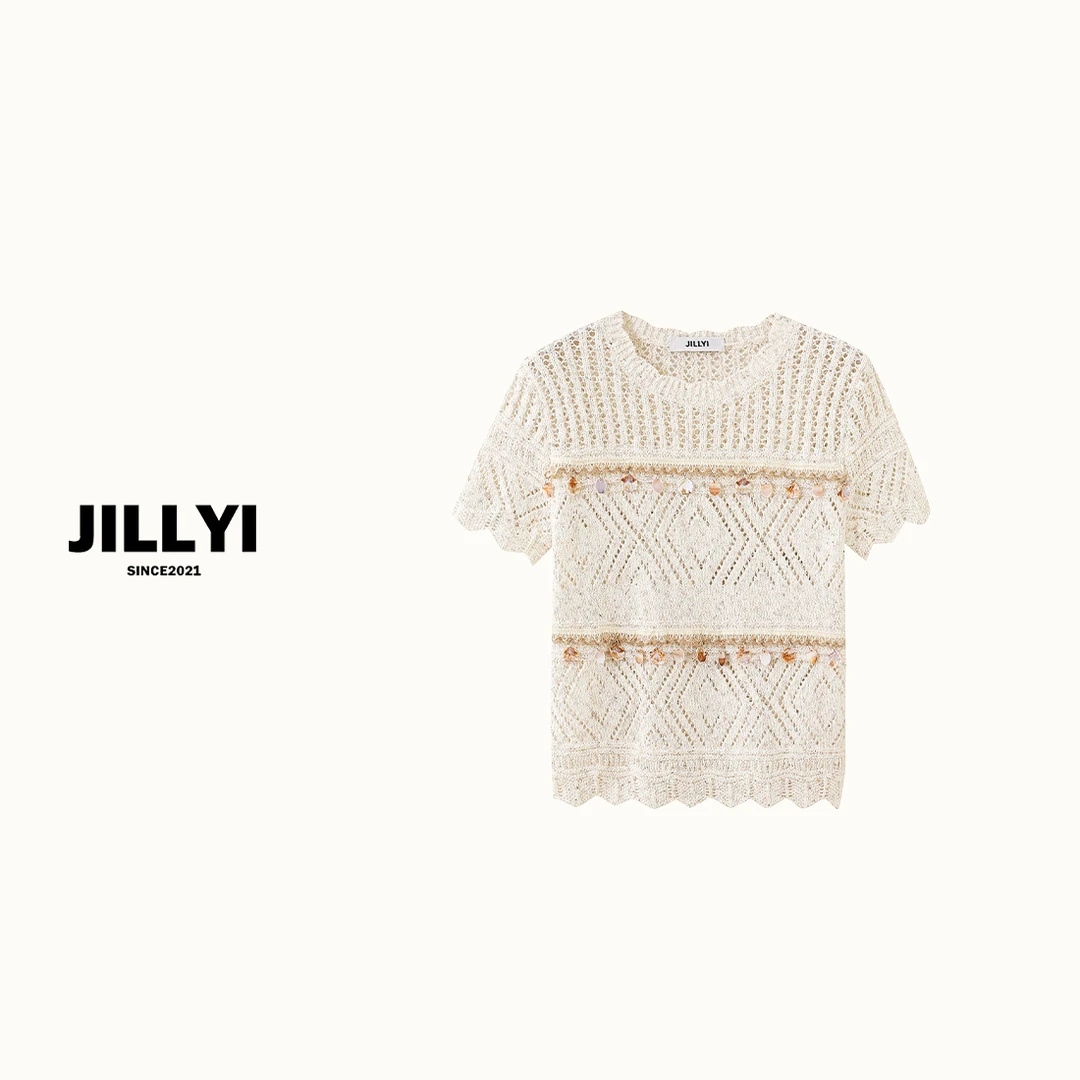 jillyi【度假沙滩】香槟色圆领海石吊坠工艺细节轻奢针织衫