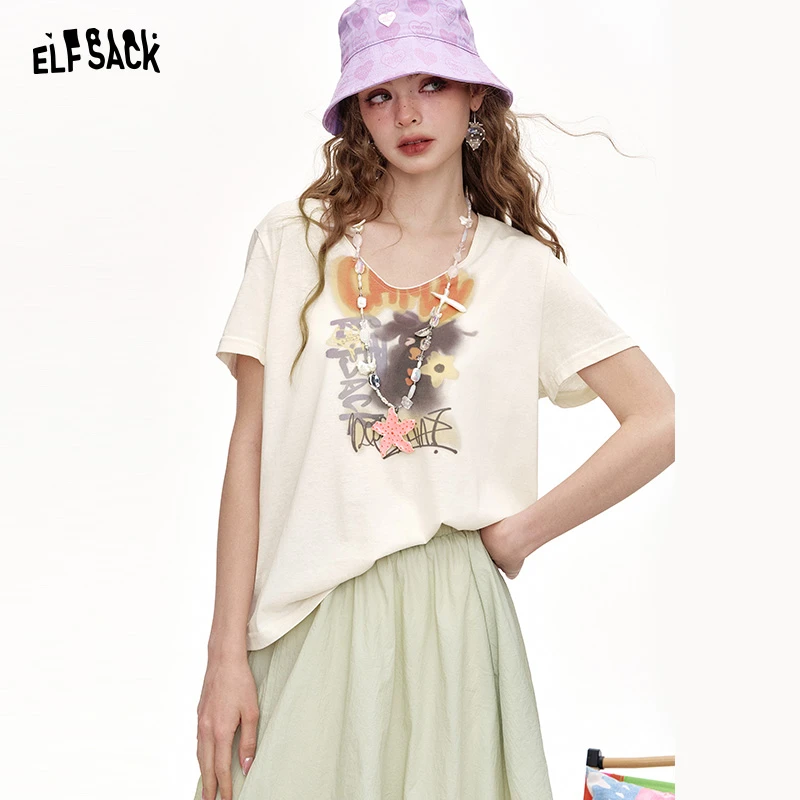 【芋总】妖精的口袋v领印花短袖t恤女夏季新款宽松显瘦休