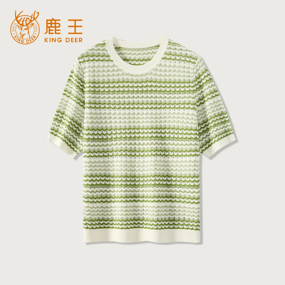 King Deer/鹿王夏季撞色圆领桑蚕丝T恤休闲气质短袖女上衣L805036