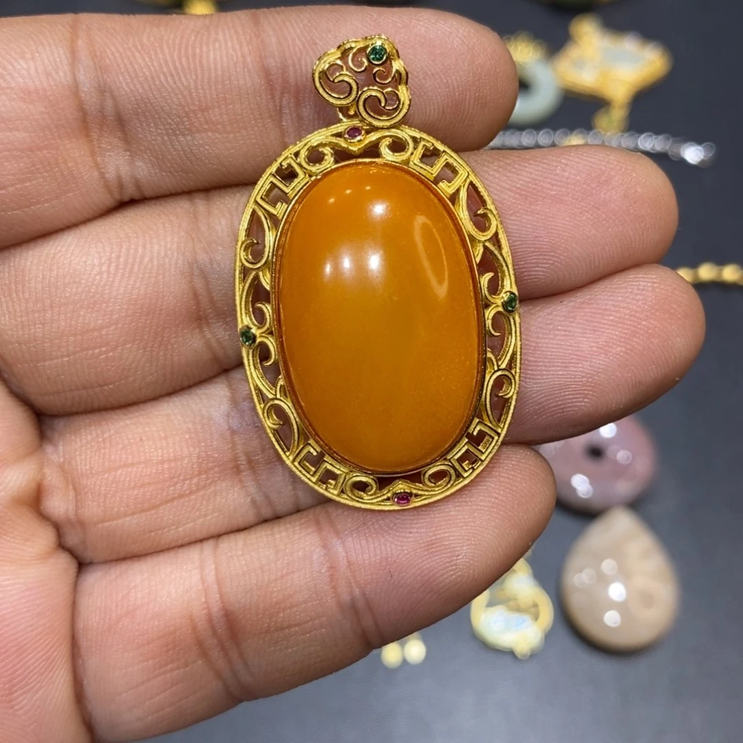 蜜蜡颈饰银S925镀金镶嵌兰*