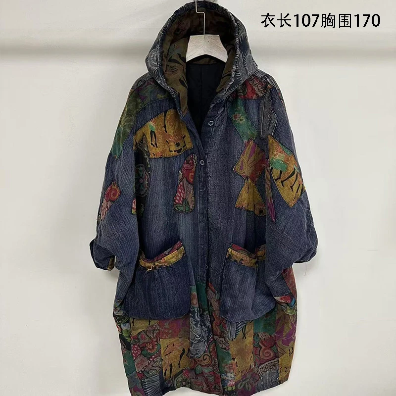 347冬季新款复古宽松拼接亚麻手工刺绣水洗做旧老布民族风棉衣女