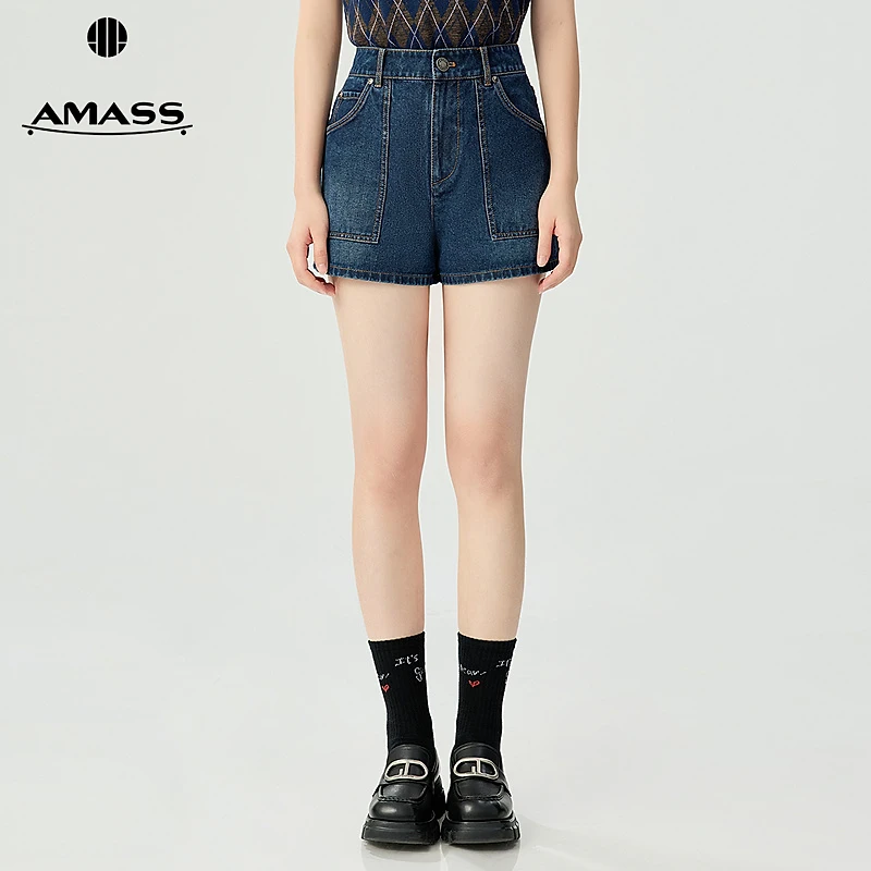 阿玛施AMASS品质女装经典百搭通勤舒适高腰贴袋A字牛仔短裤510006