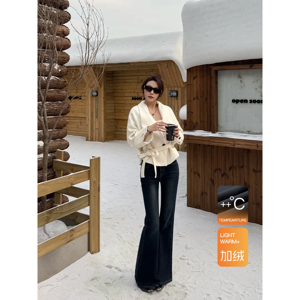 三颗金鑫•2026年加绒不贴腿微喇蓝灰色中高腰气质牛仔裤微喇裤女