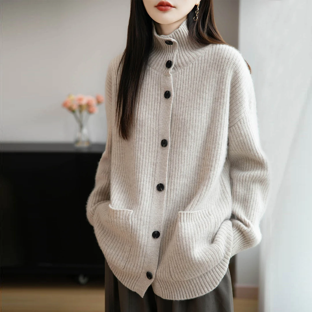 羊范韩系慵懒高领100%羊毛针织开衫女立领宽松带兜中长款加厚外套