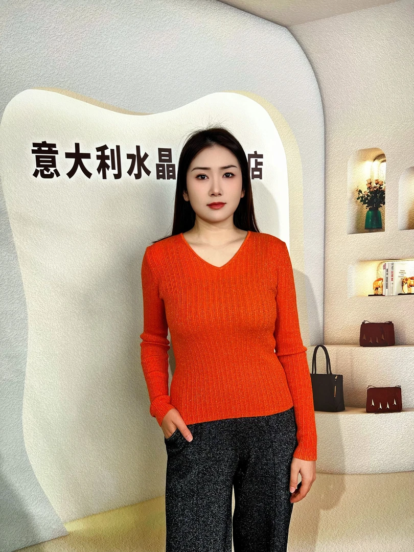 《暖阳橘梦》意大利水晶纱闪闪纱V领春秋冬长袖时尚针织衫