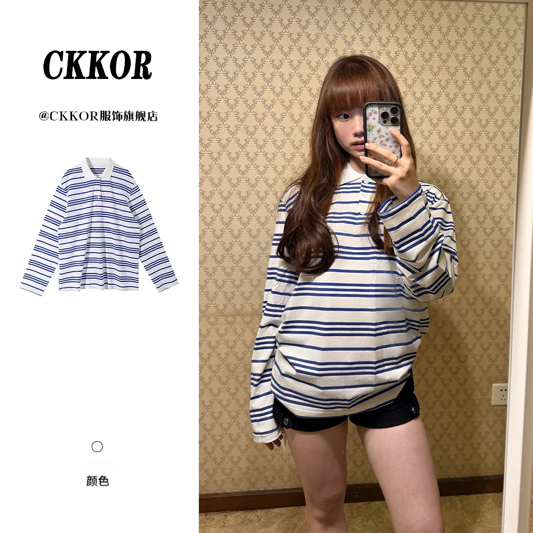 CKKOR蓝白条纹POLO领长袖t恤女秋季正肩设计简约ins风高级感上衣