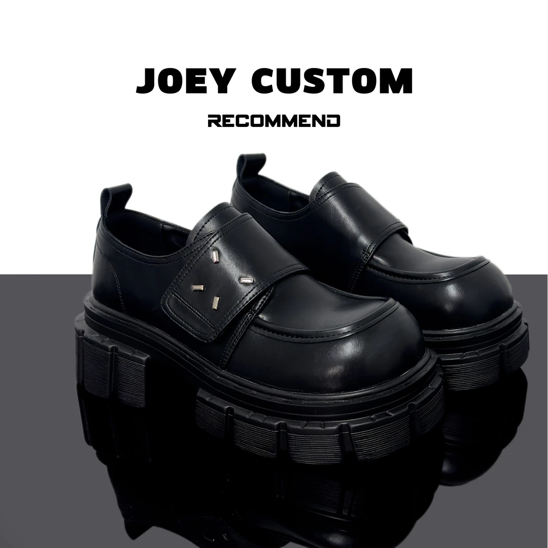 JOEY | 黑色真皮魔术贴粗跟乐福鞋女款简约小皮鞋 9702