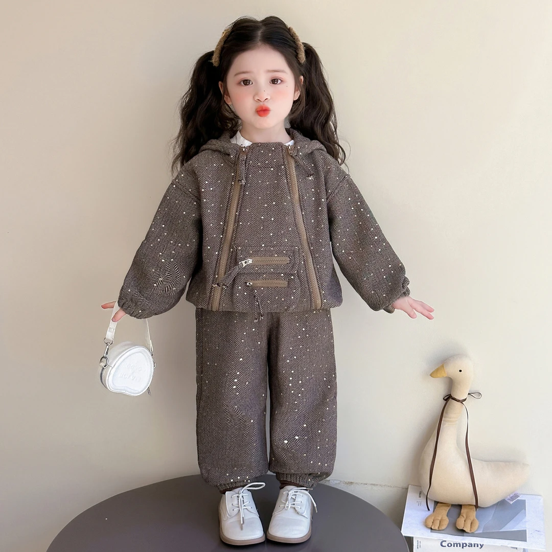 女童冬装套装2025新款儿童秋冬季韩系加绒亮片洋气宝宝穿搭两件套