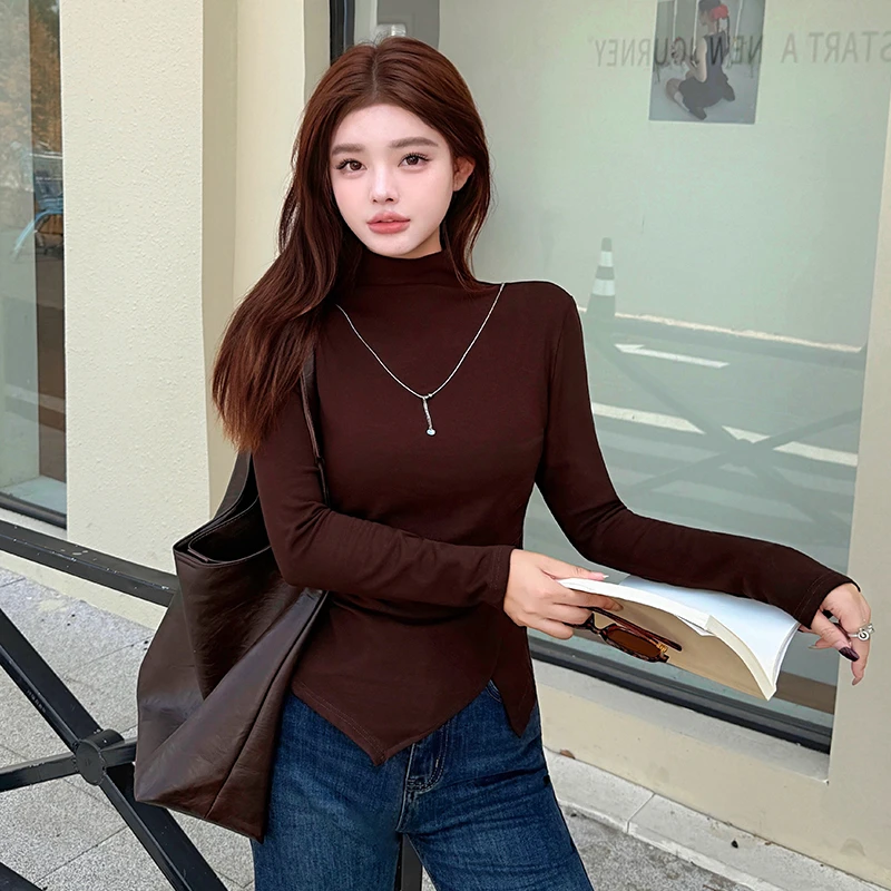 韩版半高领长袖t恤女2025春秋季新款百搭修身拼接磨毛紧身保暖T恤