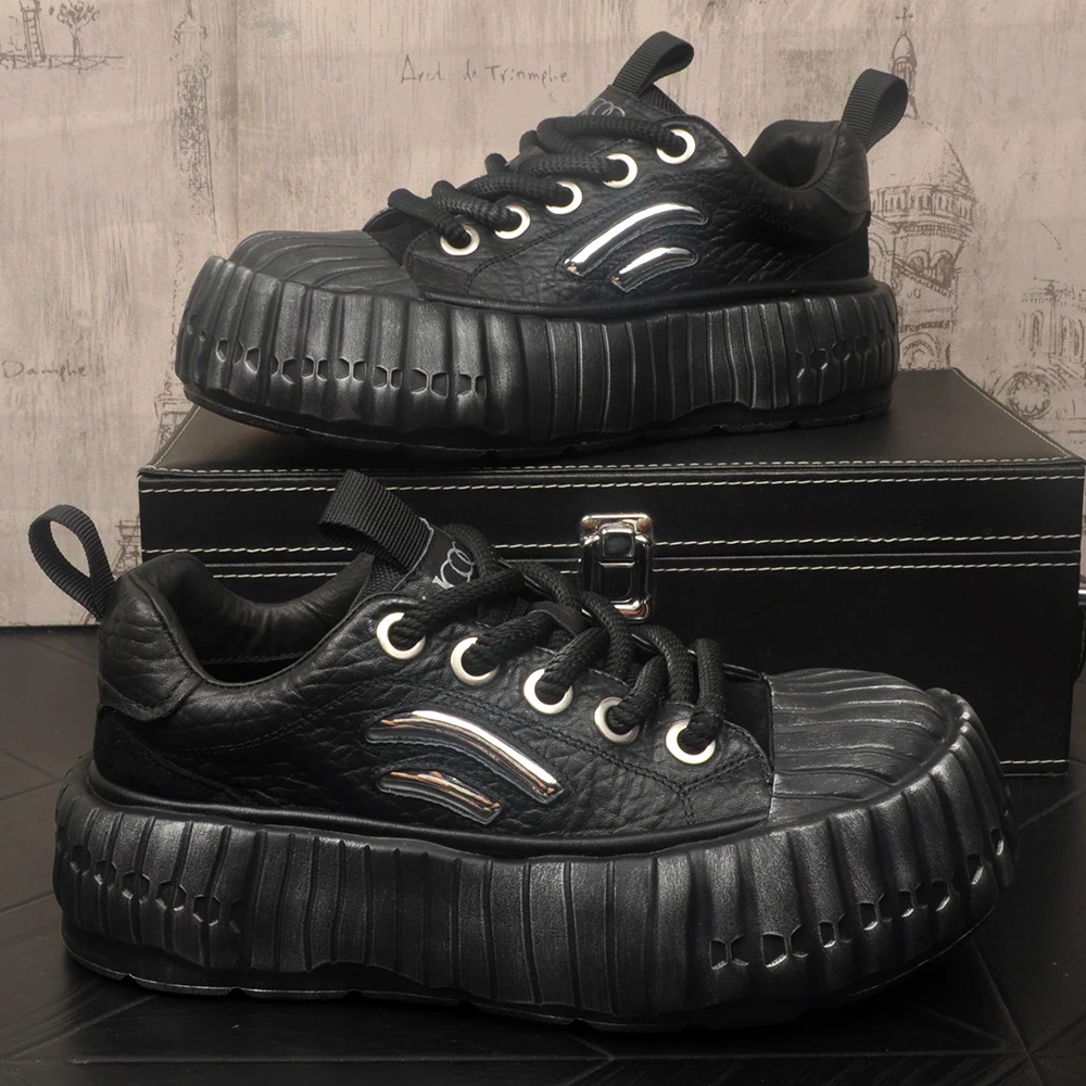 小众真皮男鞋2025秋季新款贝壳头板鞋厚底增高鞋子擦色做旧小白鞋