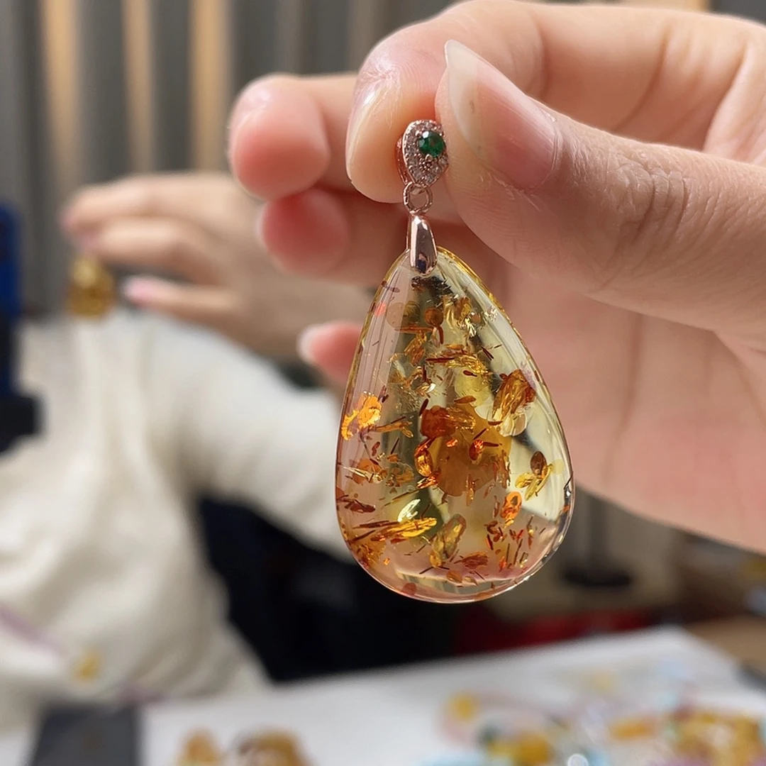 琥珀裸石银S925镶嵌琥珀吊坠