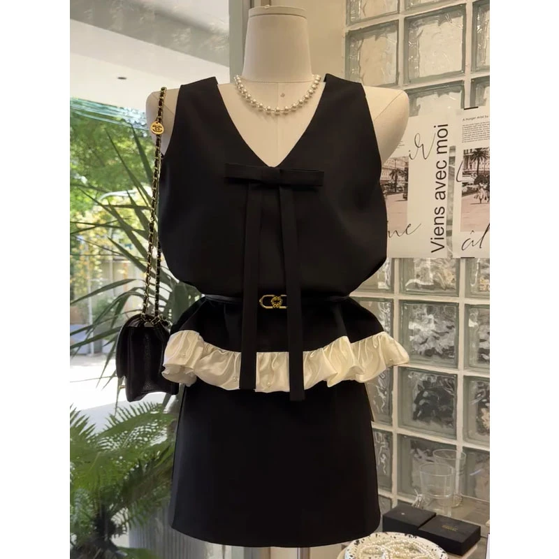 2025夏季新款韩版设计感撞色西装短裙套装蝴蝶结上衣温柔两件套女
