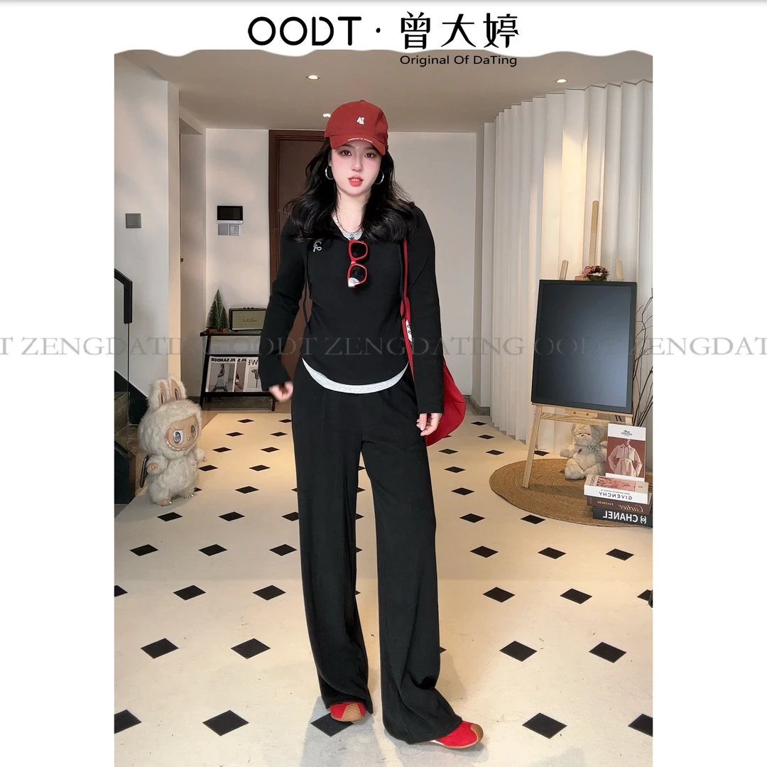 【大婷定制】清2025秋大码休闲套装连帽T恤阔腿裤两件套64209+80379