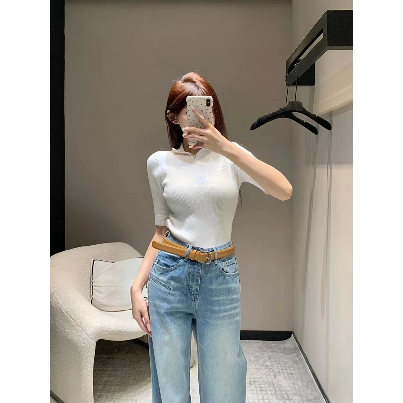 【YY2】香家新款白色镂空连帽针织短袖