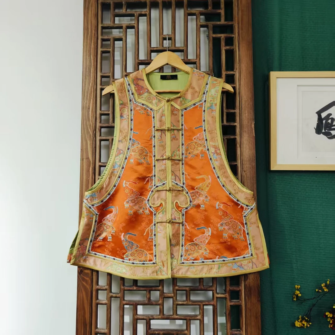 凤徕兮私人定制橘底大象暗纹拼金色如意头对襟盘扣马甲（LS630-1）