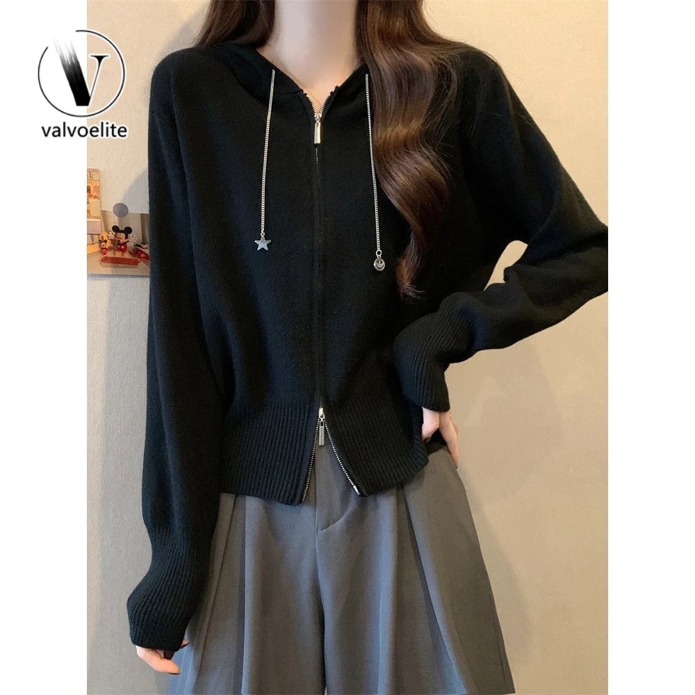VALVOELITE韩版拉链毛衣开衫女春秋季遮肚显瘦连帽短款针织打底衫