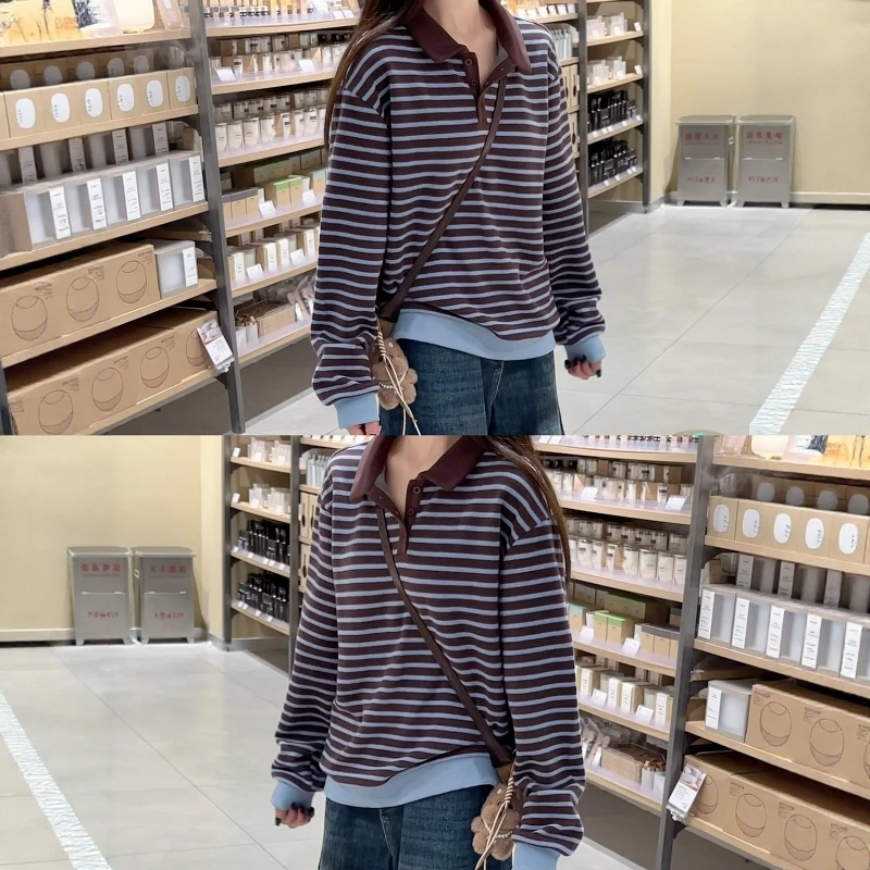 慵懒复古高级感Polo领条纹卫衣女2025秋季新款宽松百搭气质上衣潮