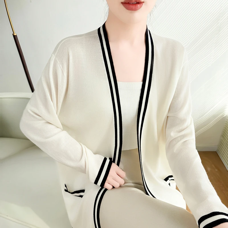 【扬子纱】中长款V领撞色边开衫女士100%美丽诺精纺羊毛针织外套薄