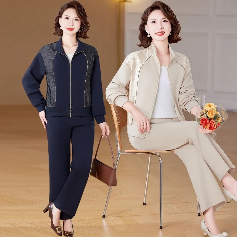 套装妈妈装春秋季新款休闲时尚两件套显瘦舒适大码中年女士一身装