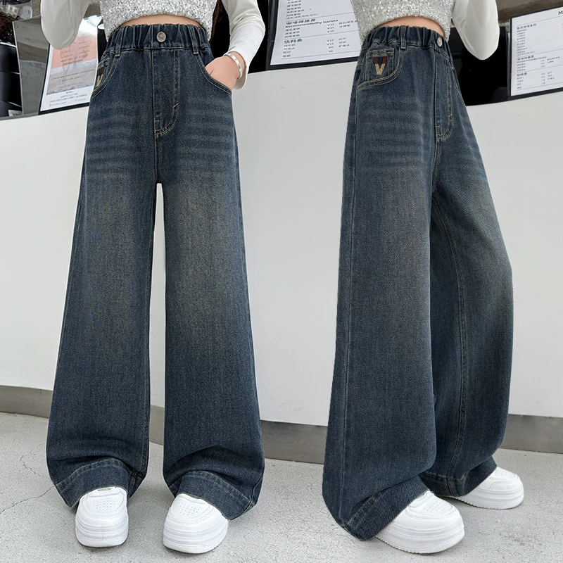 女童牛仔裤2025春秋韩版宽松蓝灰中大童秋季裤子女童12-15岁新款