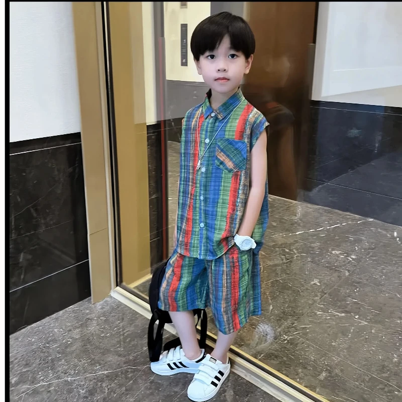 男童薄款夏季格子调整2025新款中小童韩版时尚洋气衬衫短裤两件套