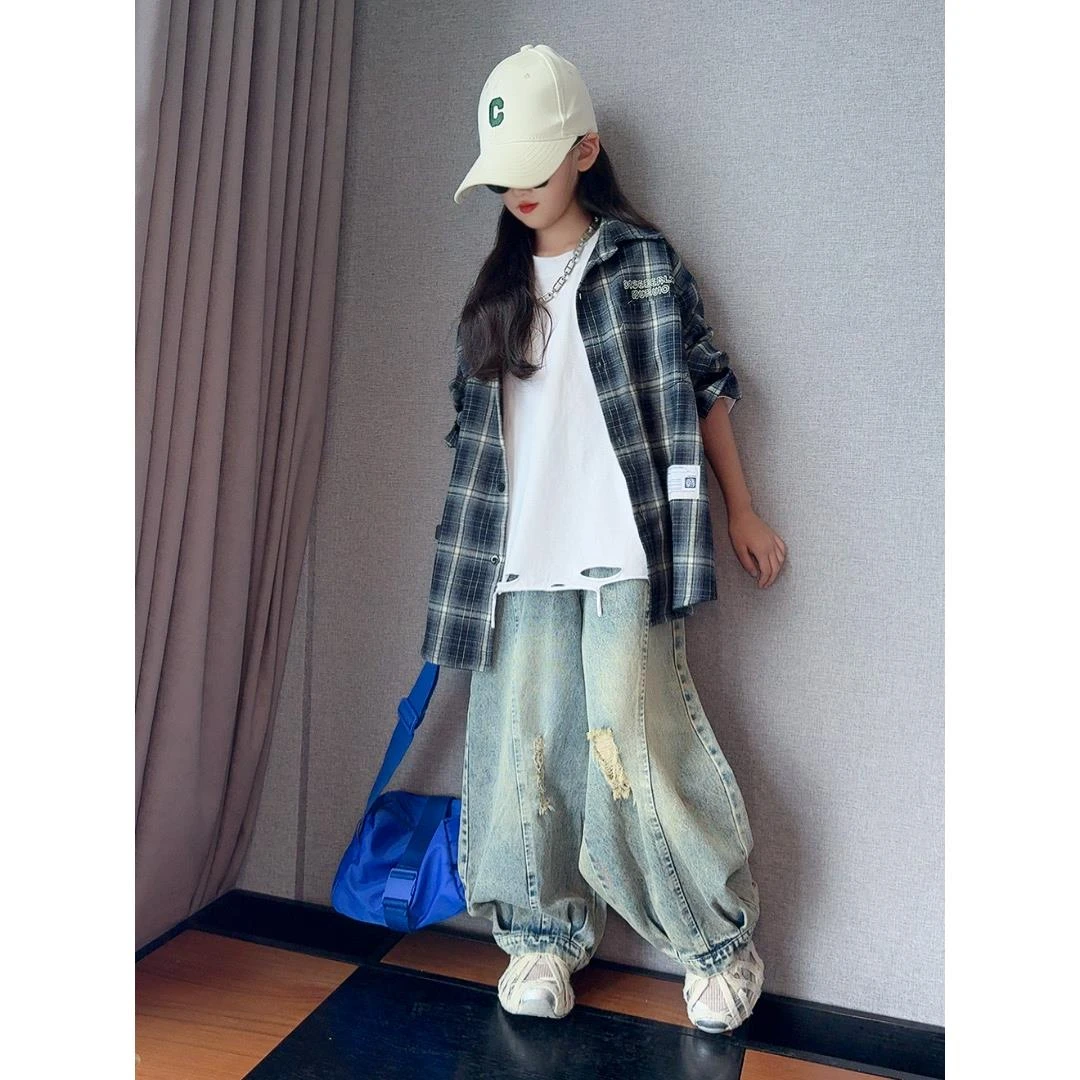 女童秋装格子衬衫2025年新款女孩洋气早秋外套弯刀牛仔裤套装穿搭