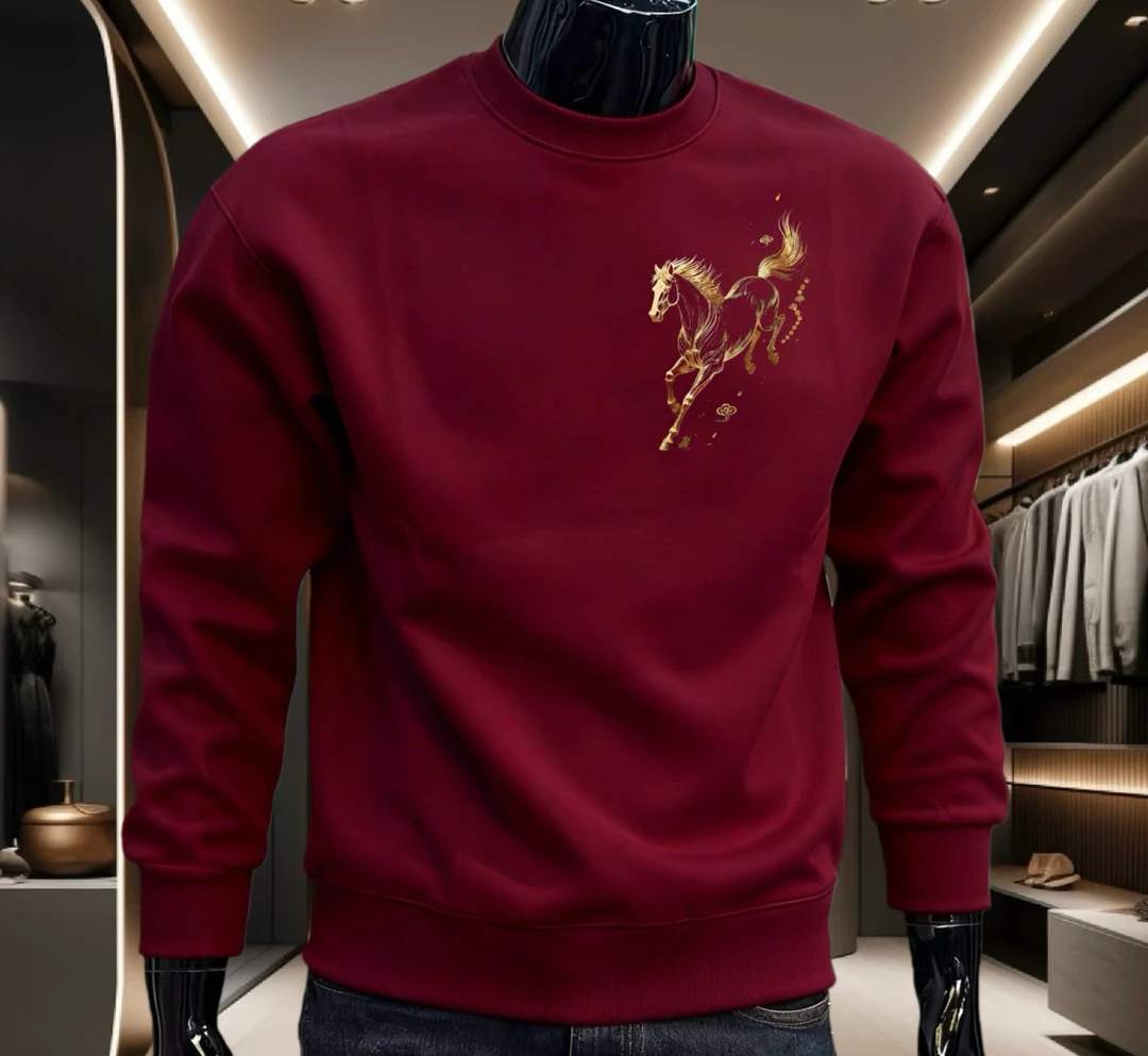 冬季新款潮牌红色卫衣男士青年潮流个性中式骏马印花圆领长袖上衣
