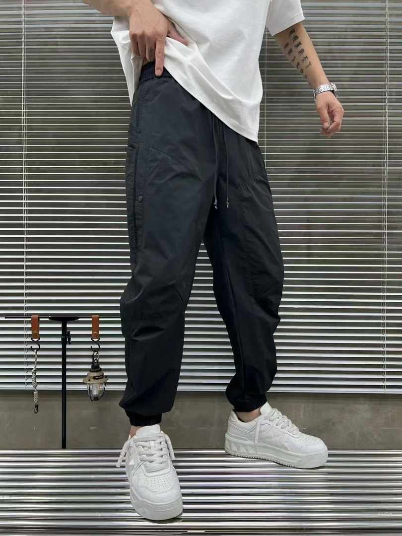 88133夏季新款美式复古重磅拼接户外休闲简约纯色束脚弯刀休闲裤