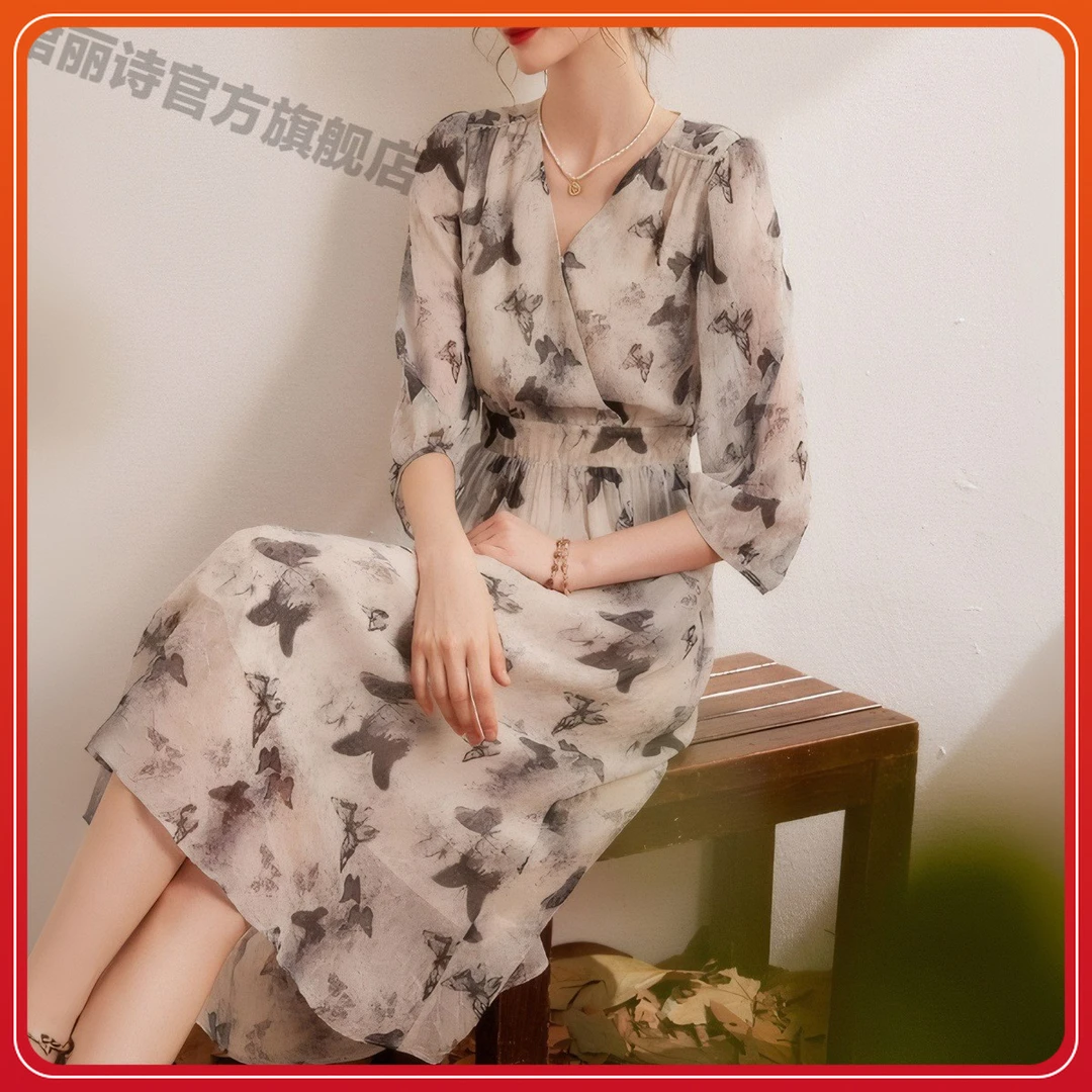 水墨蝴蝶印花长袖连衣裙女2025新款慵懒感高级收腰显瘦茶歇长裙子