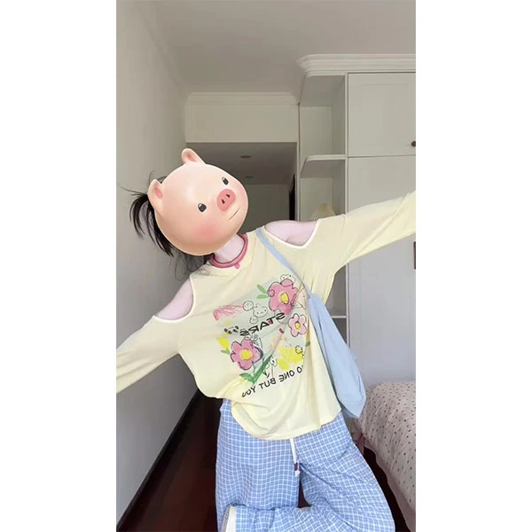 露肩长袖印花防晒T恤女夏宽松设计感小众显瘦上衣格子长裤套装
