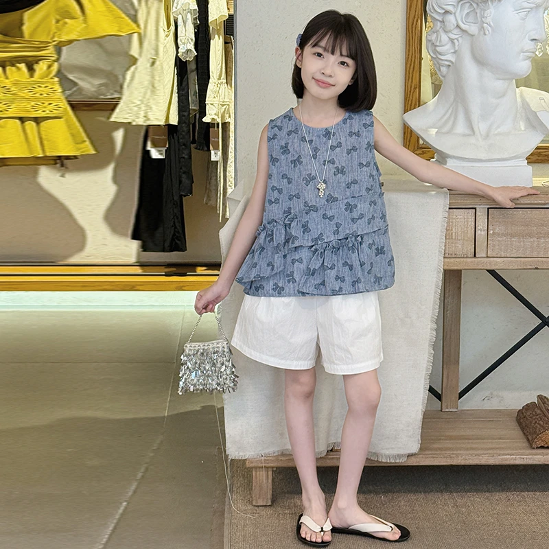 女童无袖套装2025夏季新款儿童洋气印花娃娃衫中大童短裤两件套潮