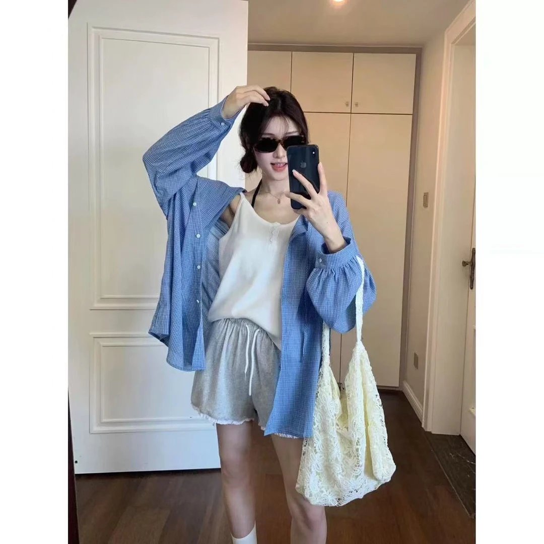 韩版纯棉复古连帽衬衫女2025春夏薄款上衣宽松防晒蓝色衬衣外套