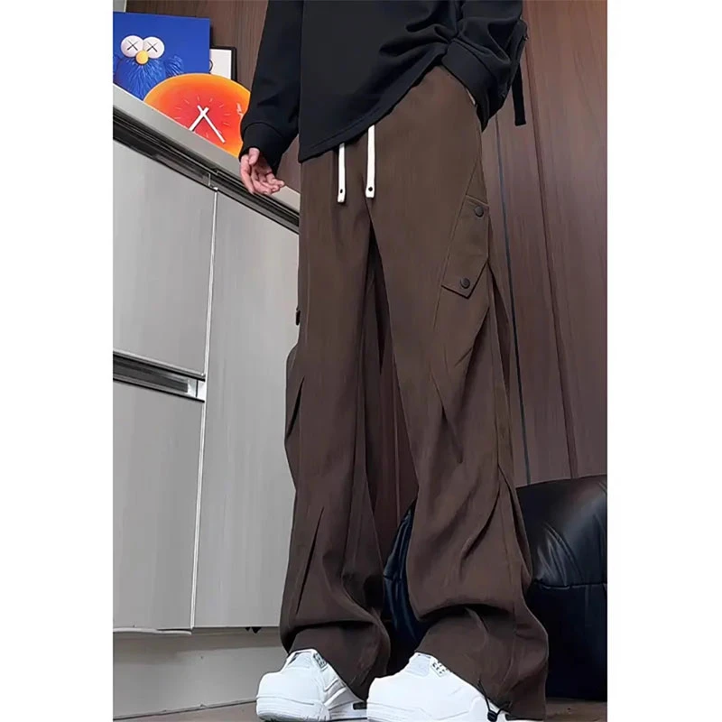 灯芯绒垂感褶皱休闲裤男秋季美式复古直筒裤子美拉德咖色阔腿长裤