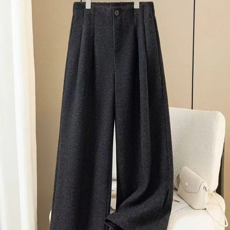 新款韩版纽扣拉链毛呢阔腿裤女秋冬高腰宽松显瘦慵懒休闲直筒裤