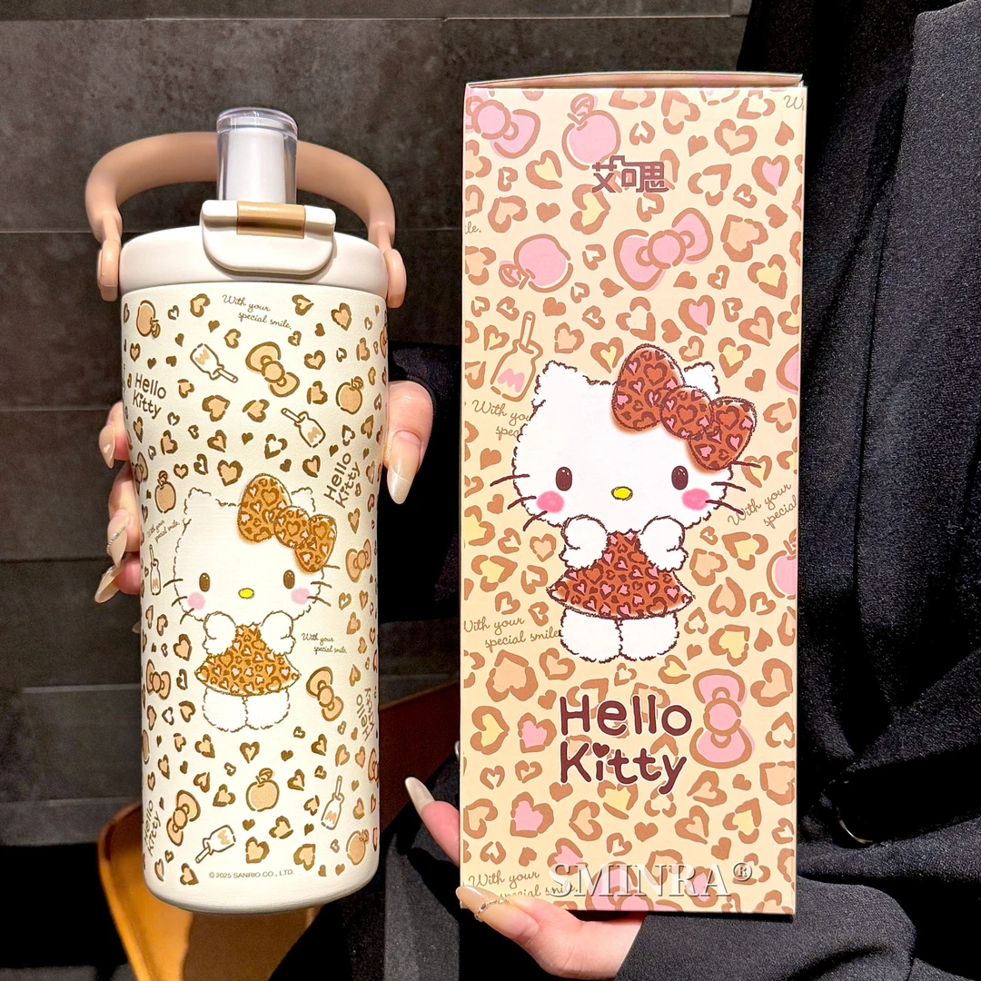 豹纹HelloKitty保温杯三丽鸥联名水杯陶瓷内胆女生高颜值吸管杯子