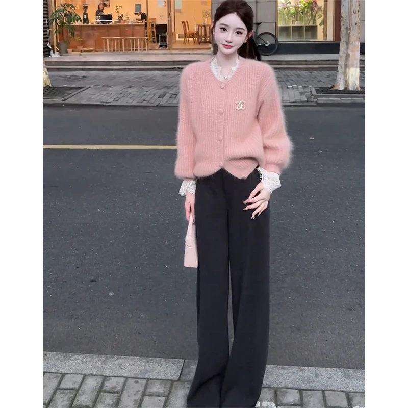 高级感慵懒风宽松简约百搭温柔甜美针织开衫高腰宽松休闲裤两件套
