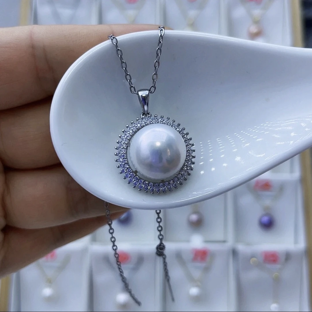 天然淡水珍珠吊坠S925太阳花 13-14mm冷蓝色