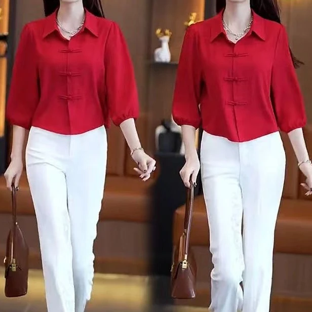 新中式国风衬衫女2025年夏季新款小个子洋气宽松显瘦七分袖衬衣潮