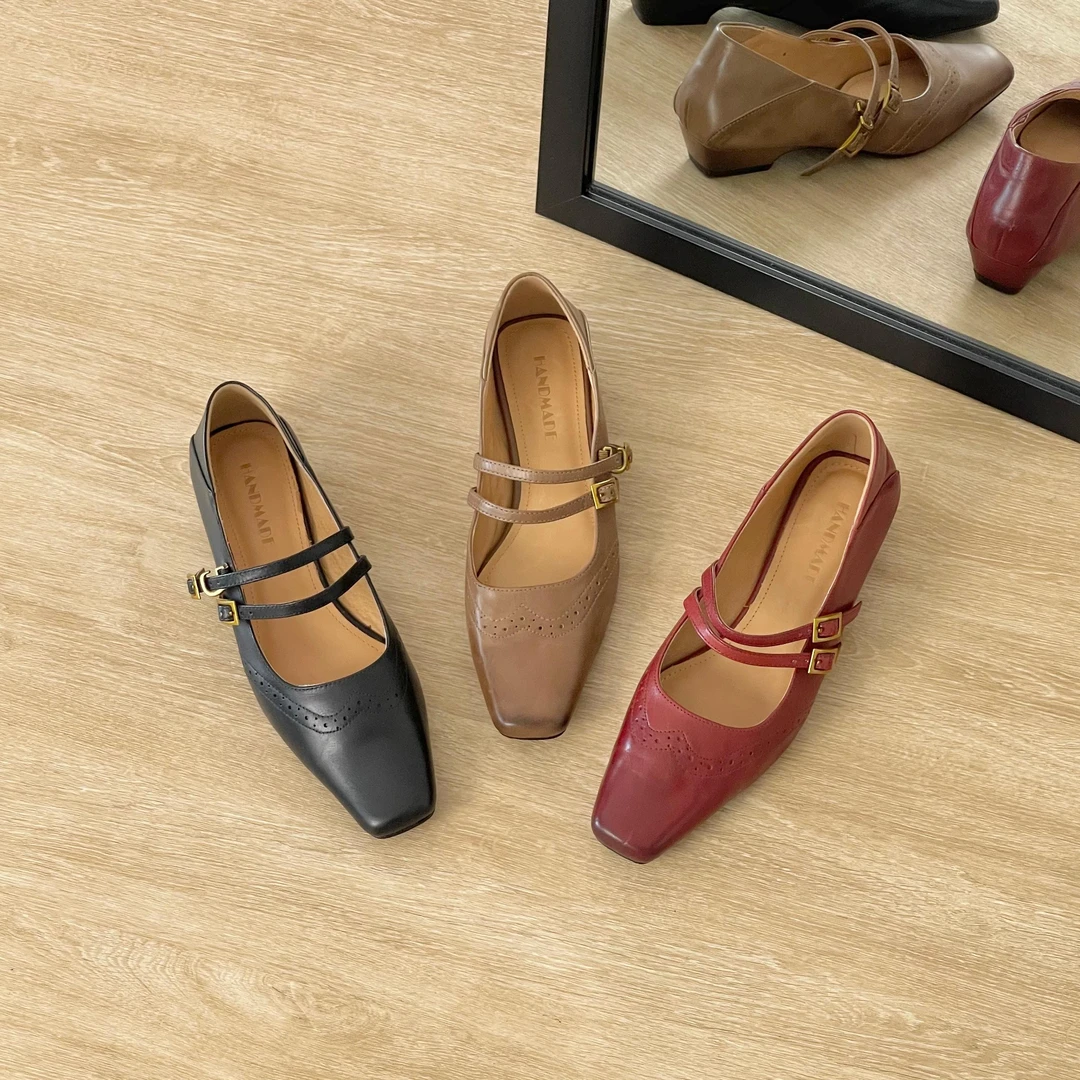 HUSSLOVE 头层牛皮·跟高3CM·复古沙丘废土风方头粗跟玛丽珍单鞋女