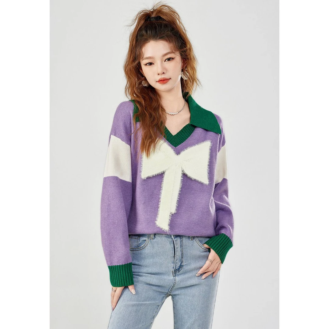 秋冬V领宽松针织上衣撞色内搭设计感蝴蝶结女式毛衣
